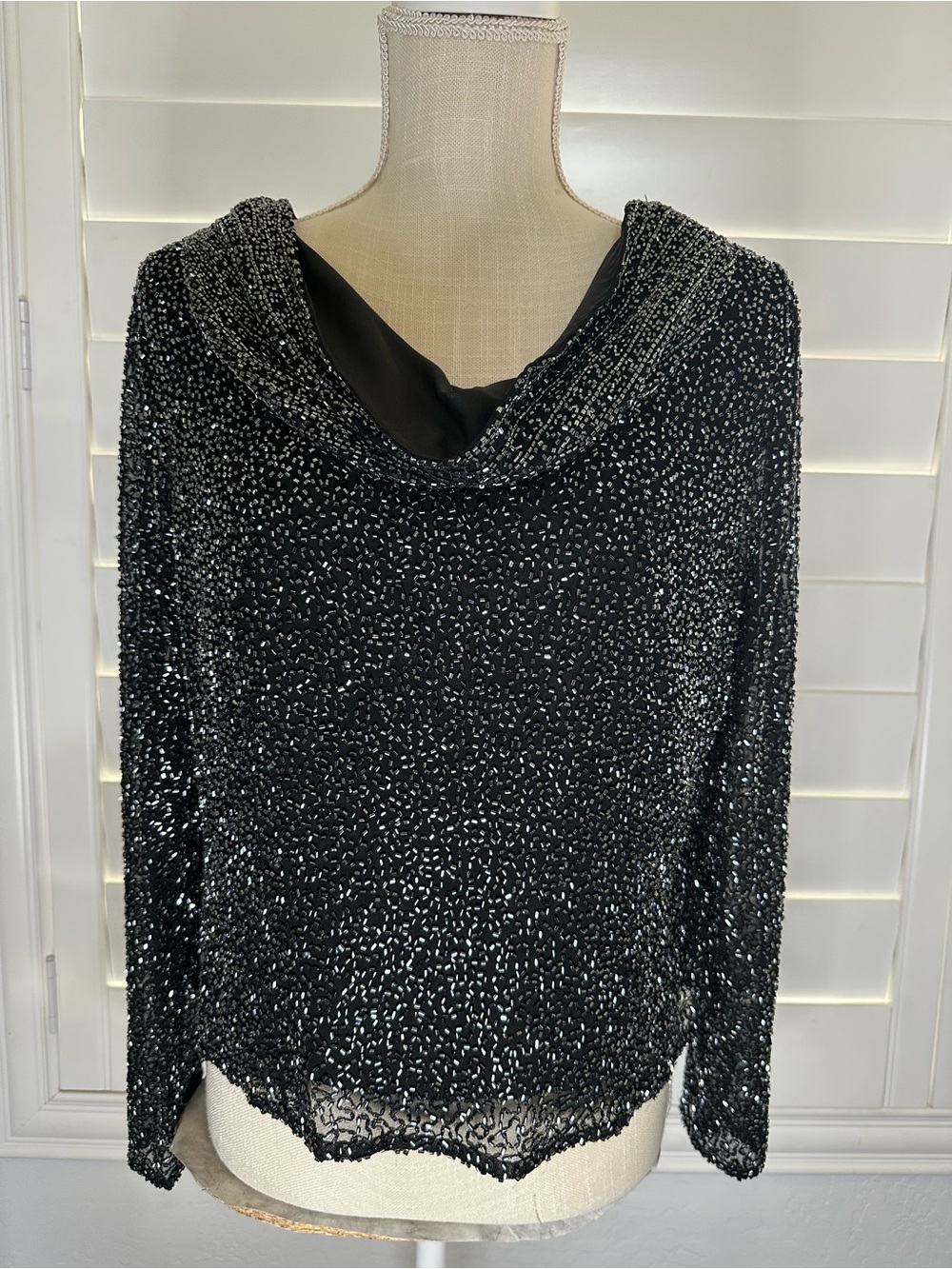 Adrianna Papell Black Beaded Silk Blouse Cowl Neck Long Sleeves Size10 vintage